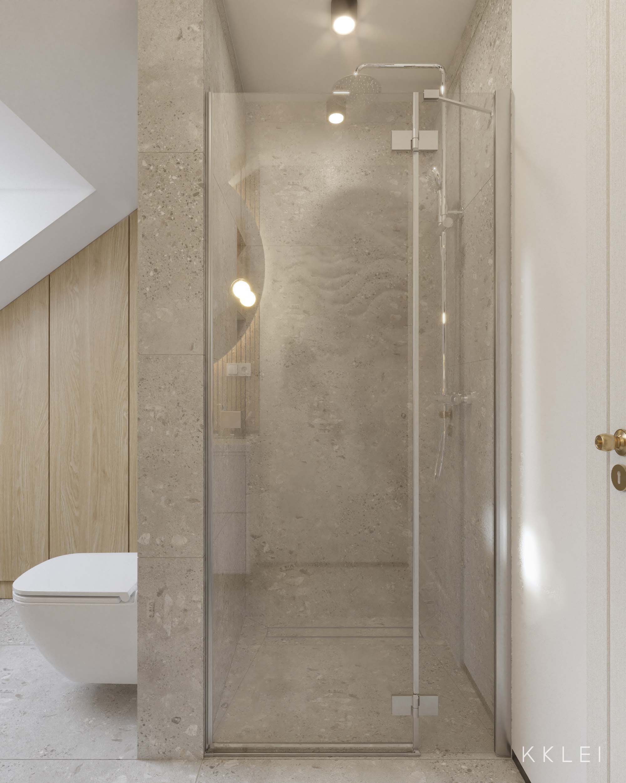 Domowe spa – stylowa łazienka na poddaszu z wanną wolnostojącą, dużym prysznicem i modną tapetą