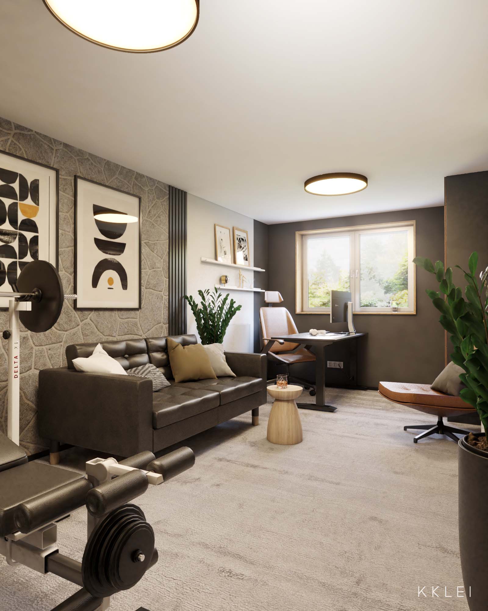 Nowoczesna adaptacja garażu na stylowe biuro domowe z sofą i siłownią