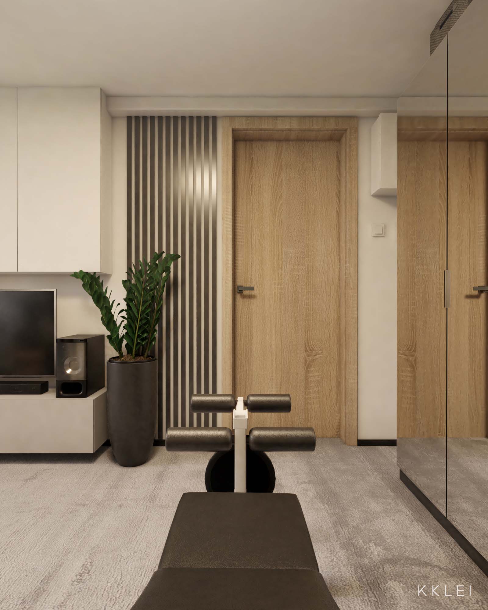 Minimalistyczny gabinet dla mężczyzny z eleganckim designem i strefą treningową