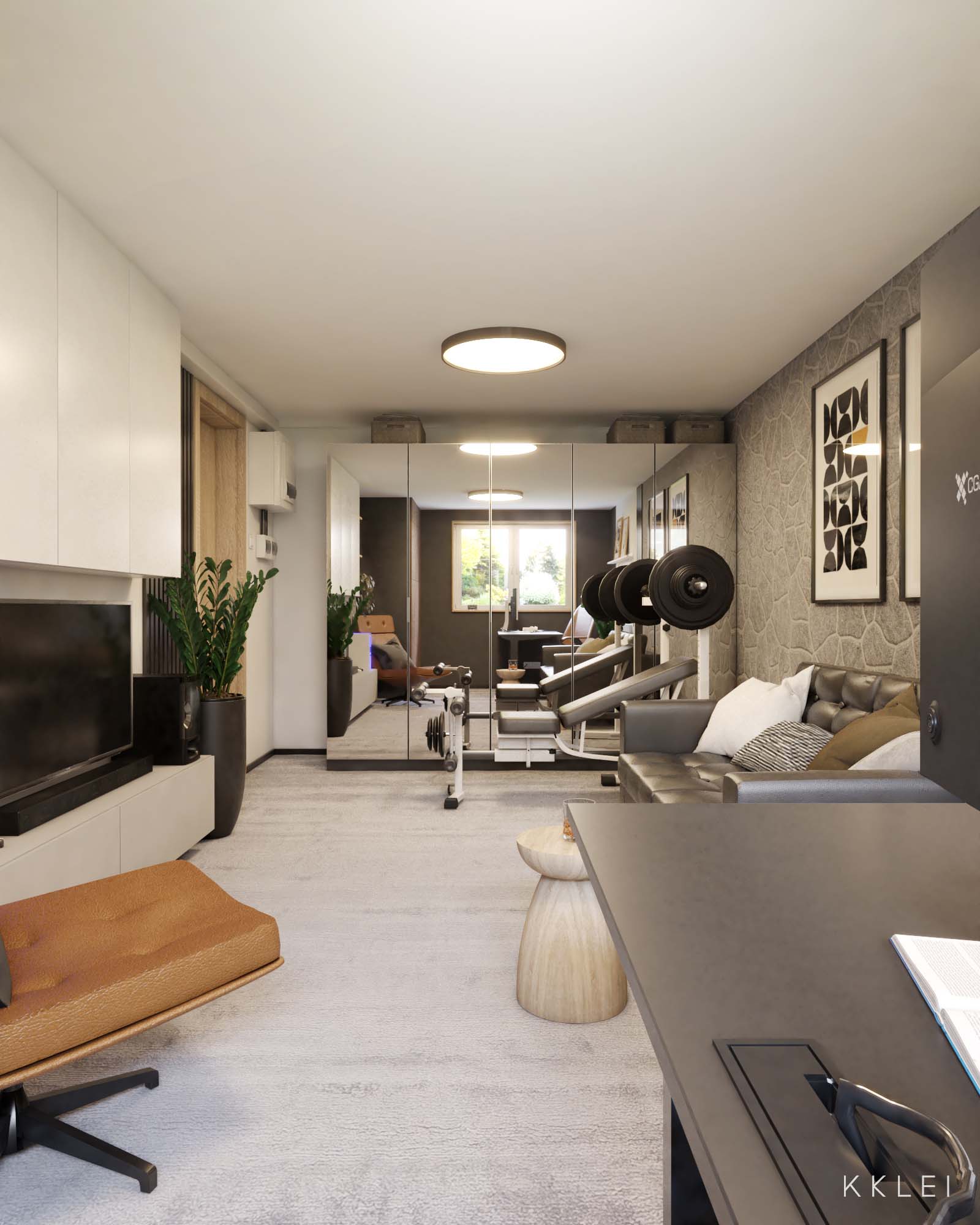 Stylowy home office połączony z przestrzenią do ćwiczeń w nowoczesnym wnętrzu