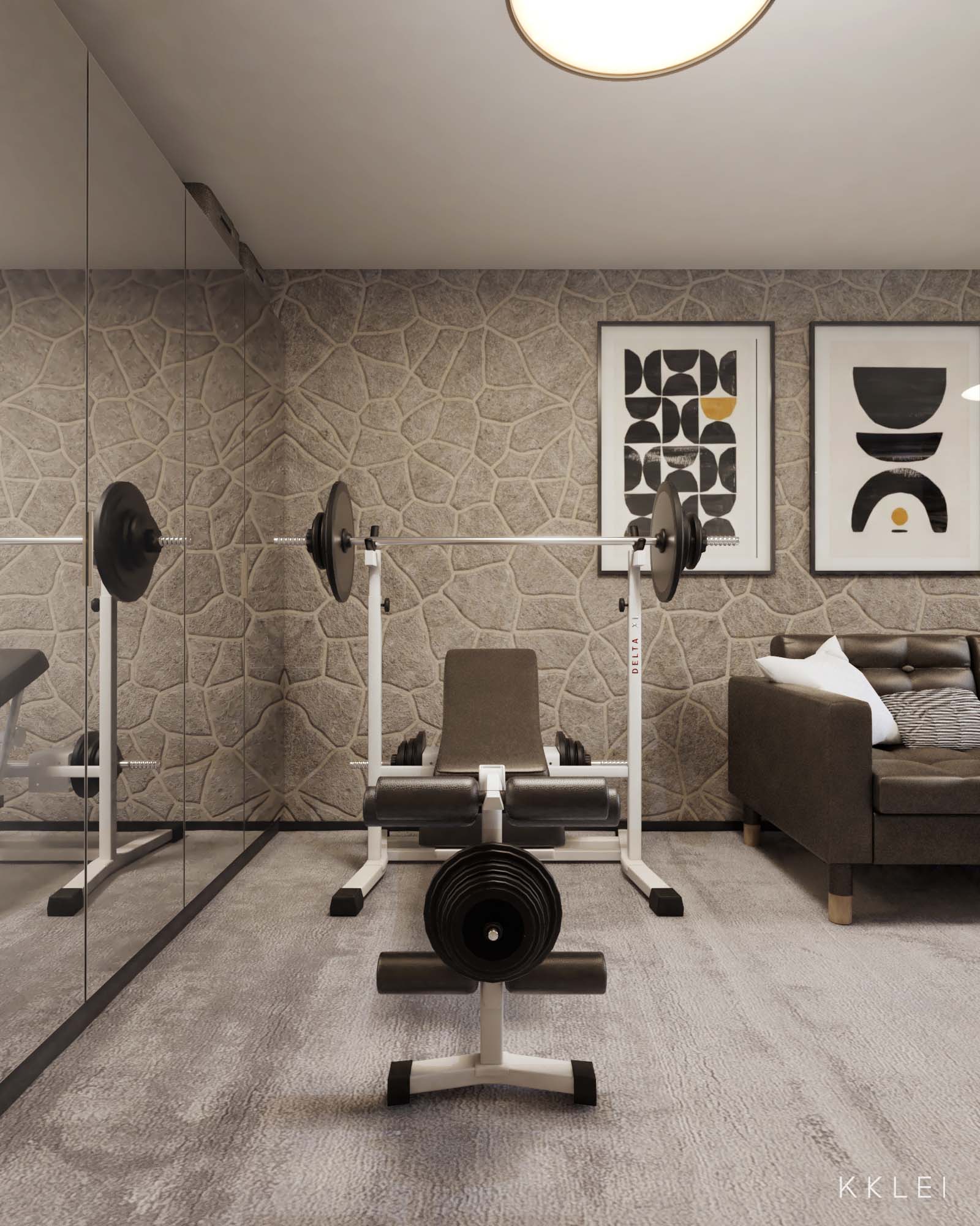 Nowoczesny gabinet z domową siłownią i eleganckim wyposażeniem