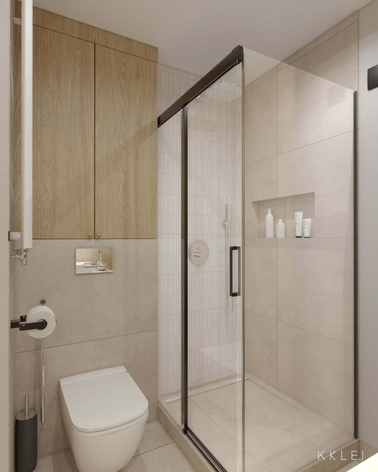 Nowoczesne wnętrze Japandi z drewnianymi elementami i parkietem w jodełkę