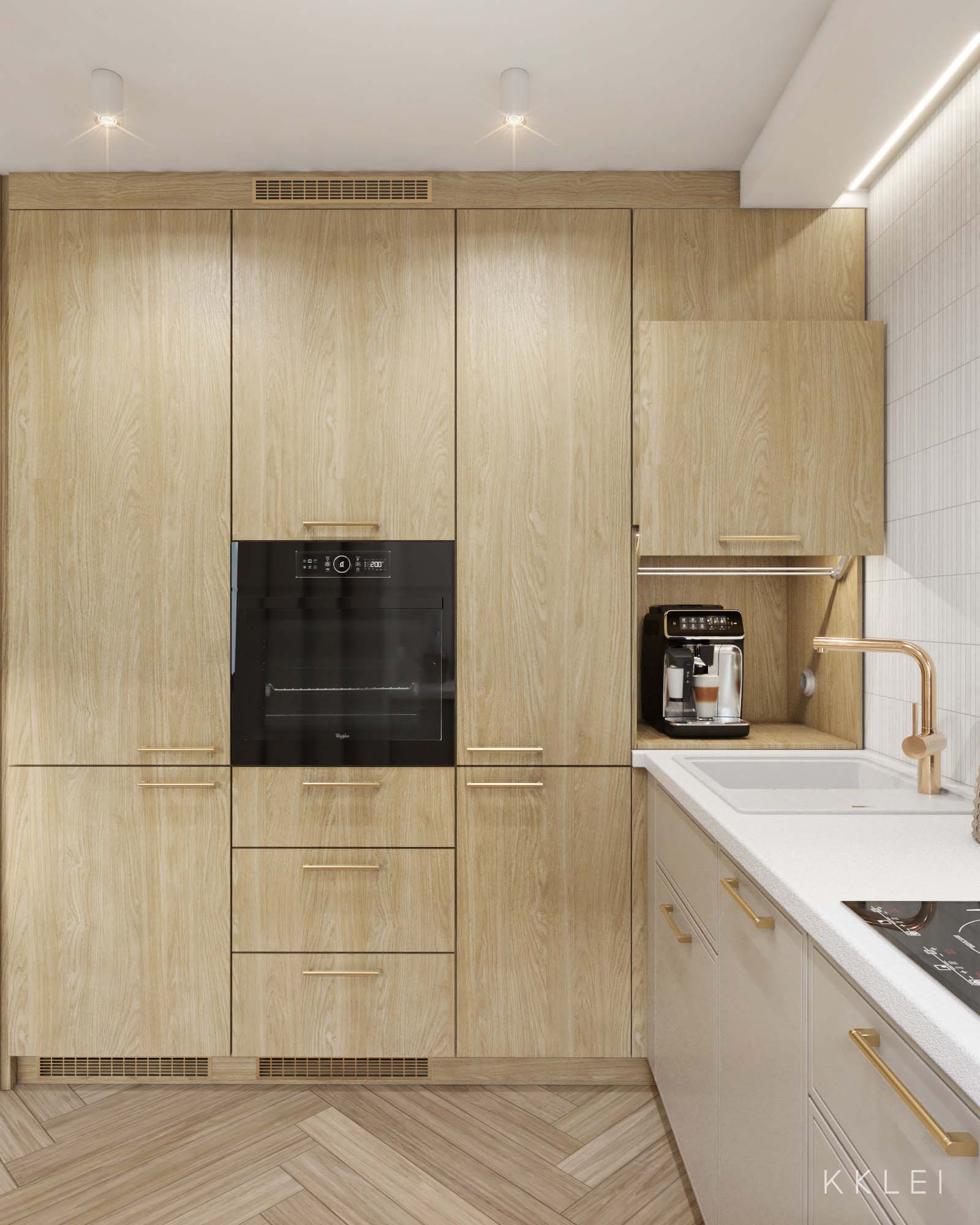 Minimalistyczne mieszkanie w stylu Japandi z drewnem i parkietem w jodełkę