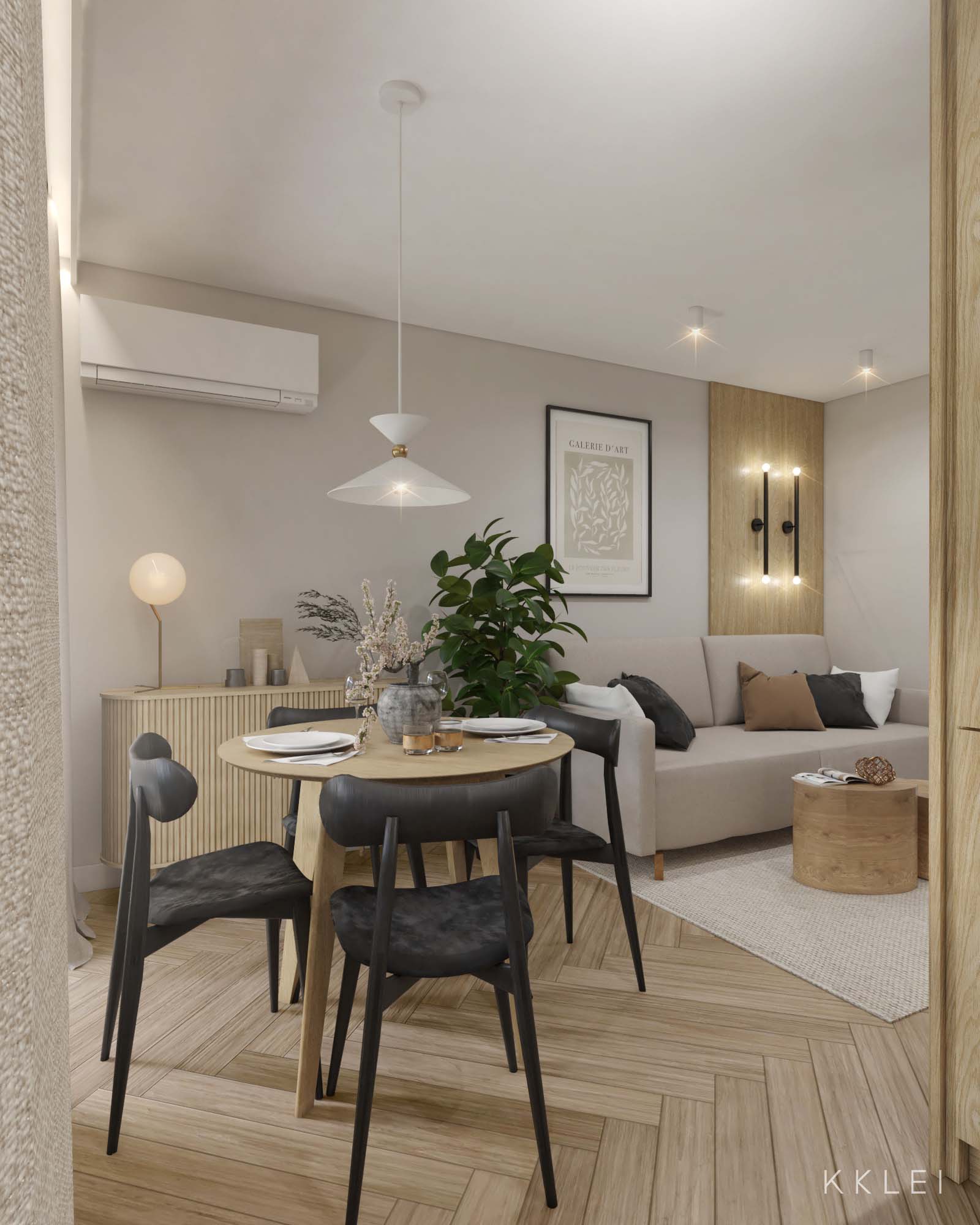 Stylowe mieszkanie Japandi z jasnym drewnem i elegancką podłogą w jodełkę