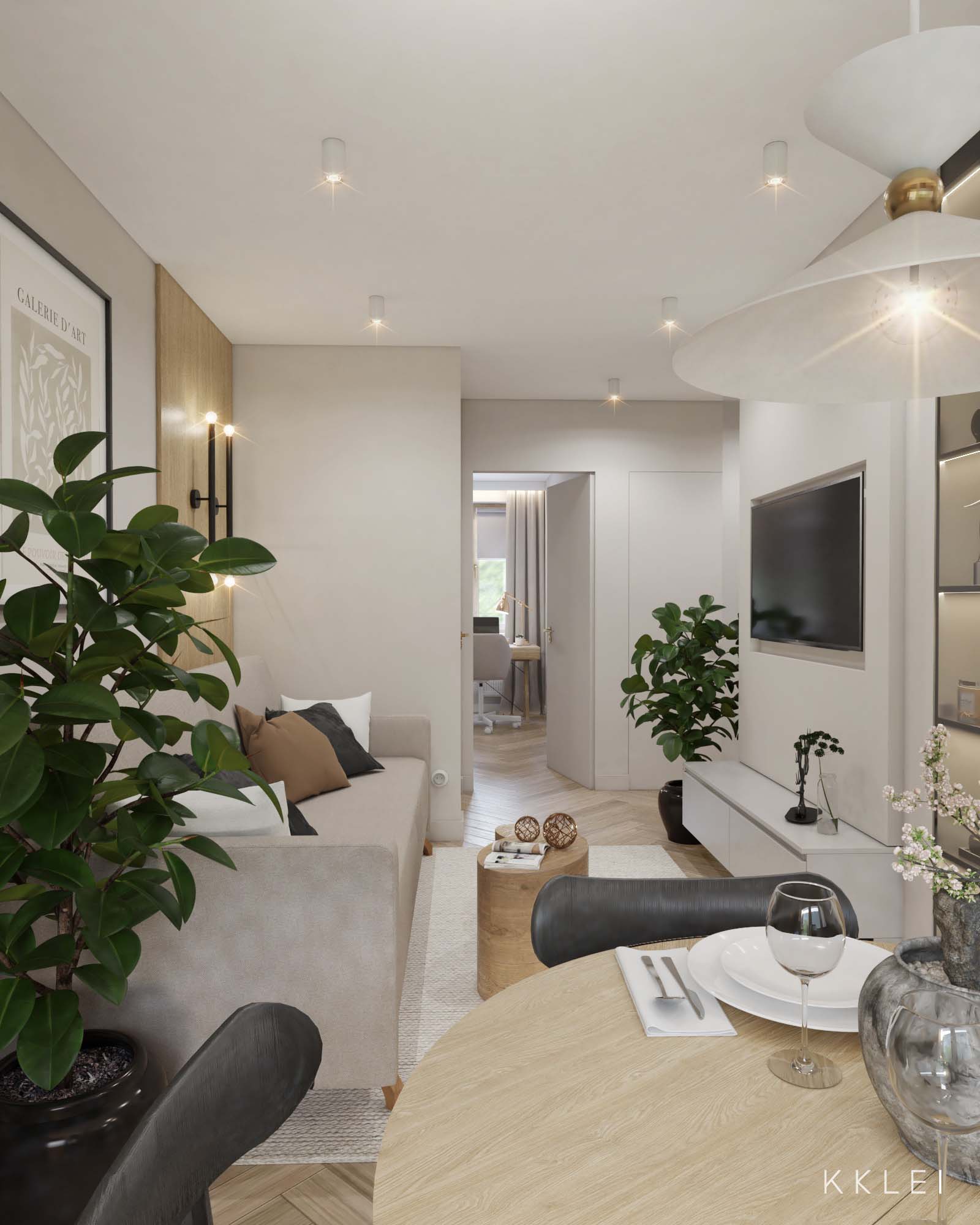 Nowoczesne wnętrze Japandi z naturalnym drewnem i parkietem w jodełkę