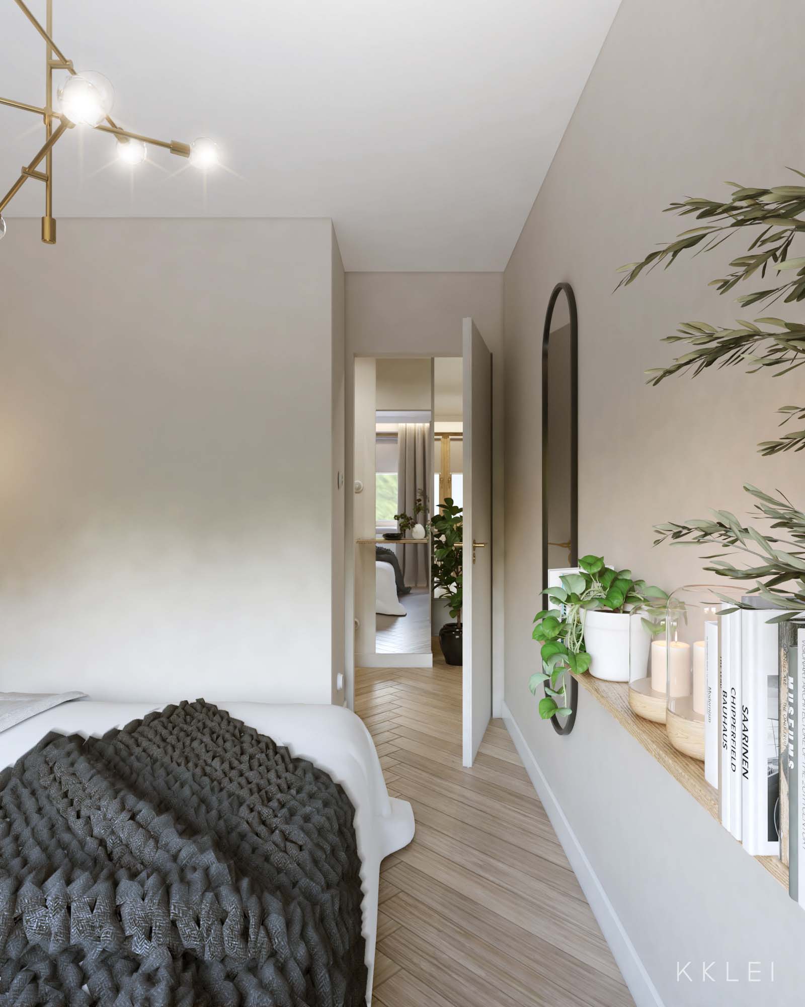 Nowoczesne wnętrze inspirowane Japandi z drewnem i parkietem w jodełkę