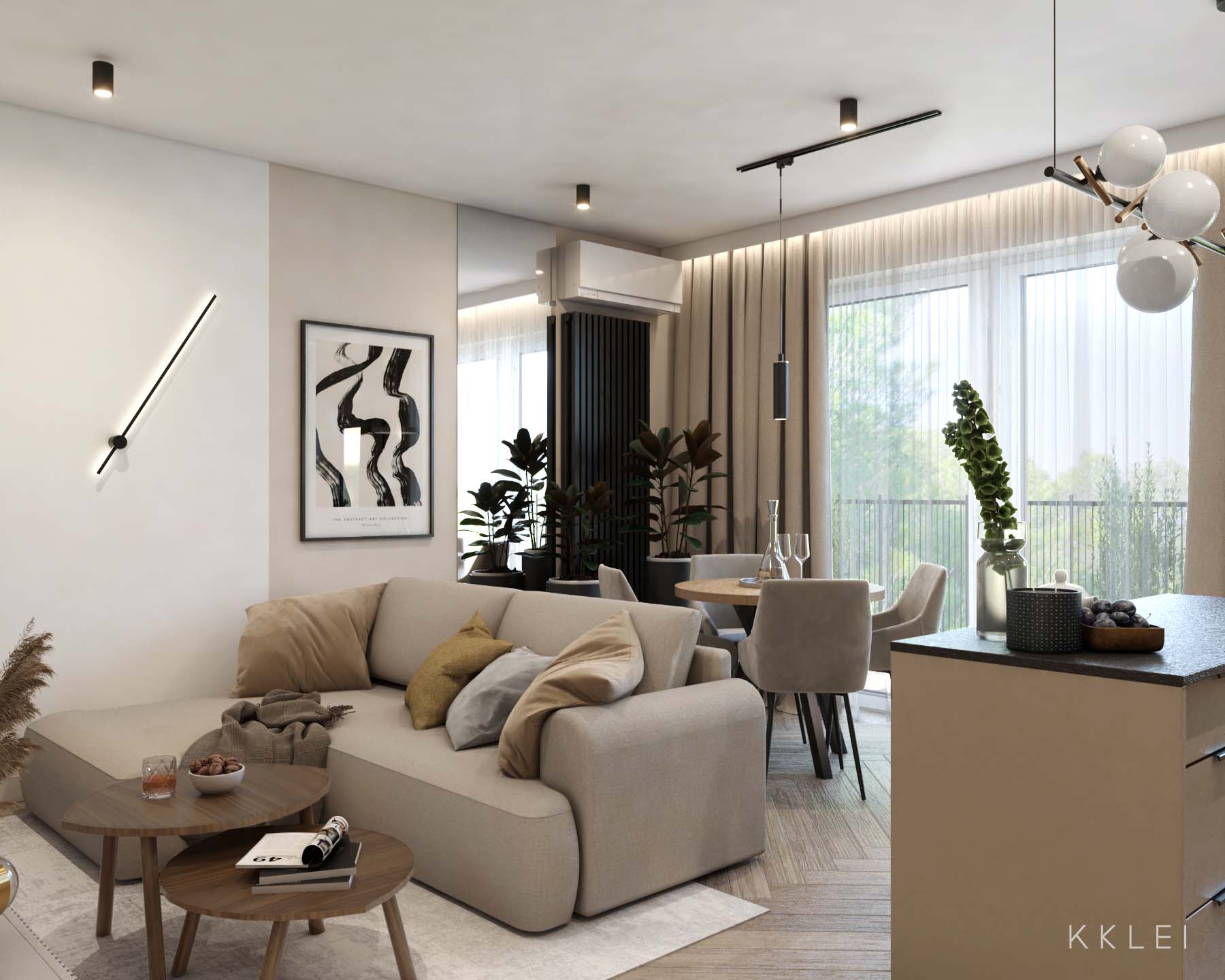 Elegancki apartament z salonem i aneksem kuchennym w odcieniach beżu i czerni