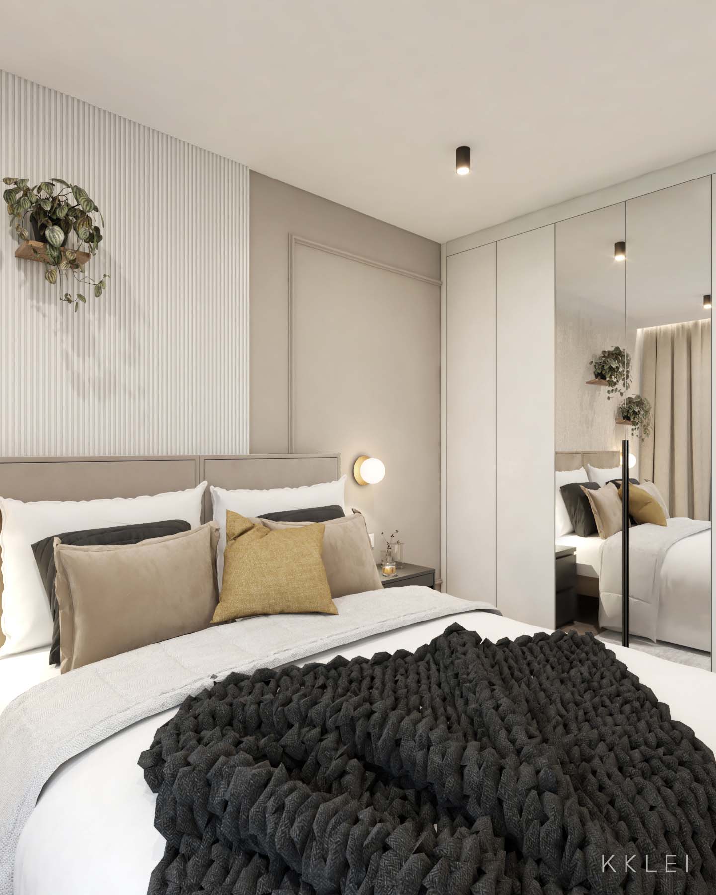 Luksusowy apartament z otwartą przestrzenią salonu i kuchni, jasne i ciemne akcenty