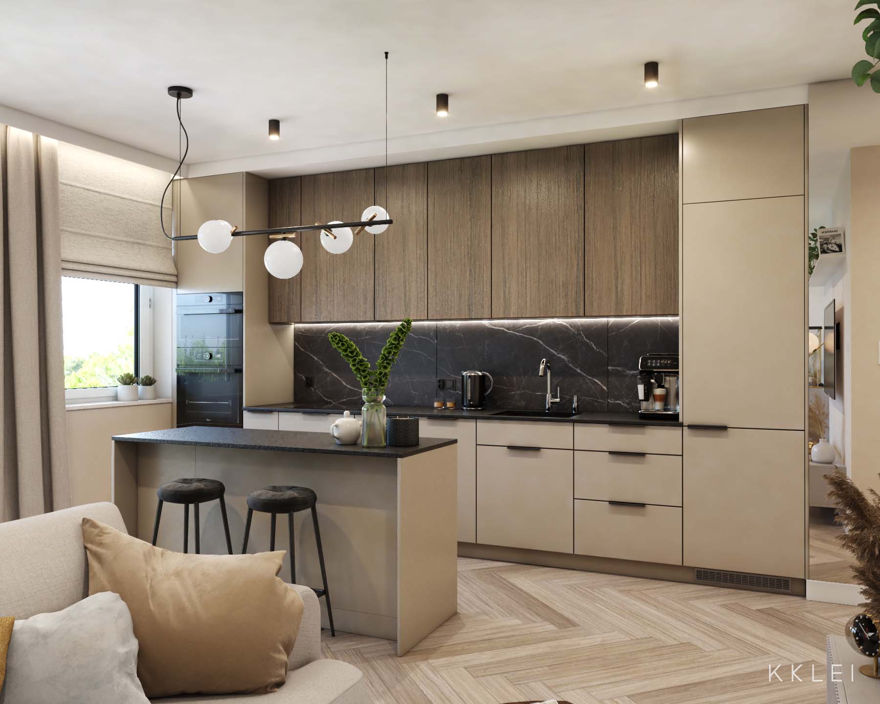 Nowoczesne wnętrze apartamentu, salon z aneksem kuchennym w beżach i czerni