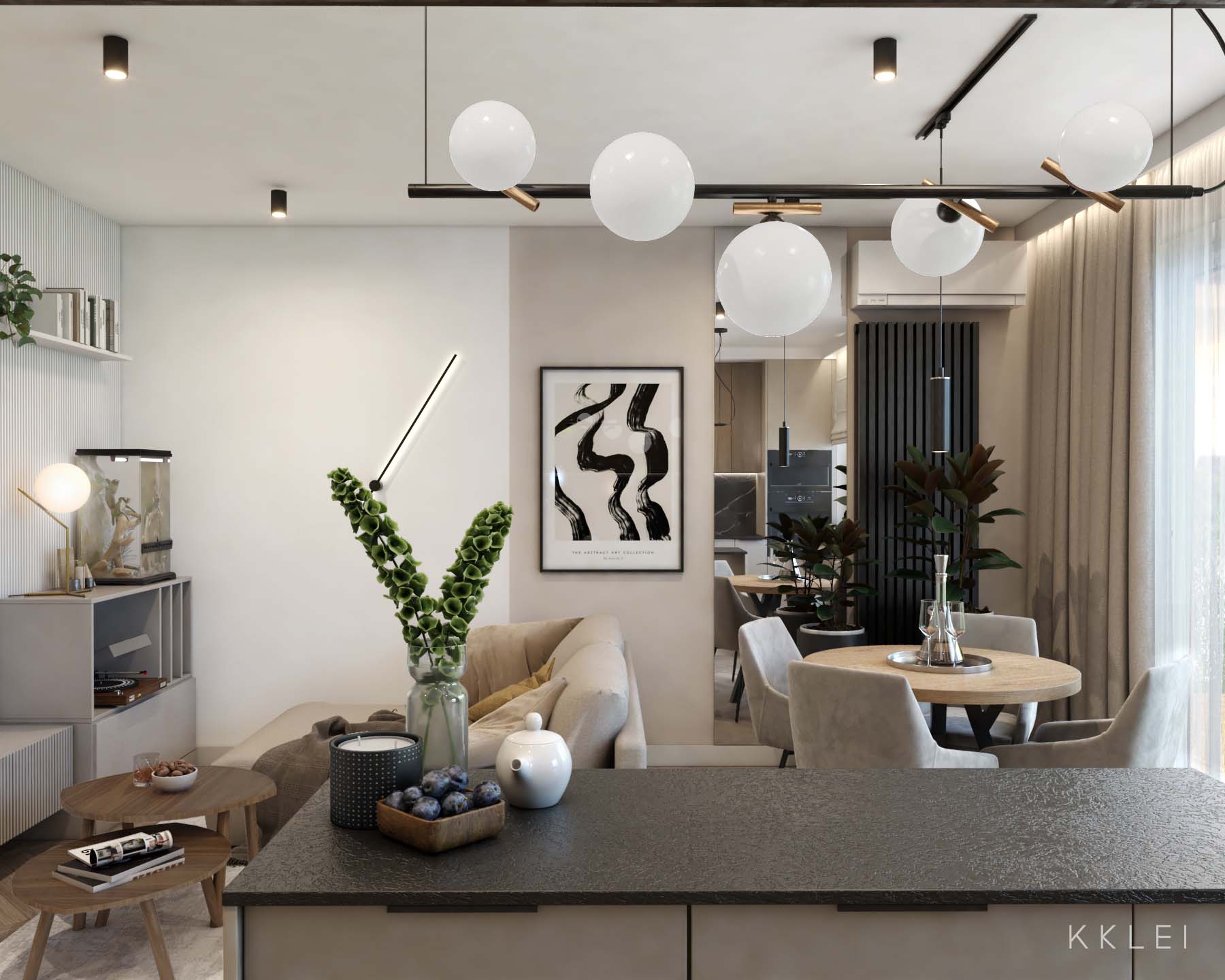 Przytulny salon z aneksem kuchennym w eleganckim połączeniu beżu i czerni