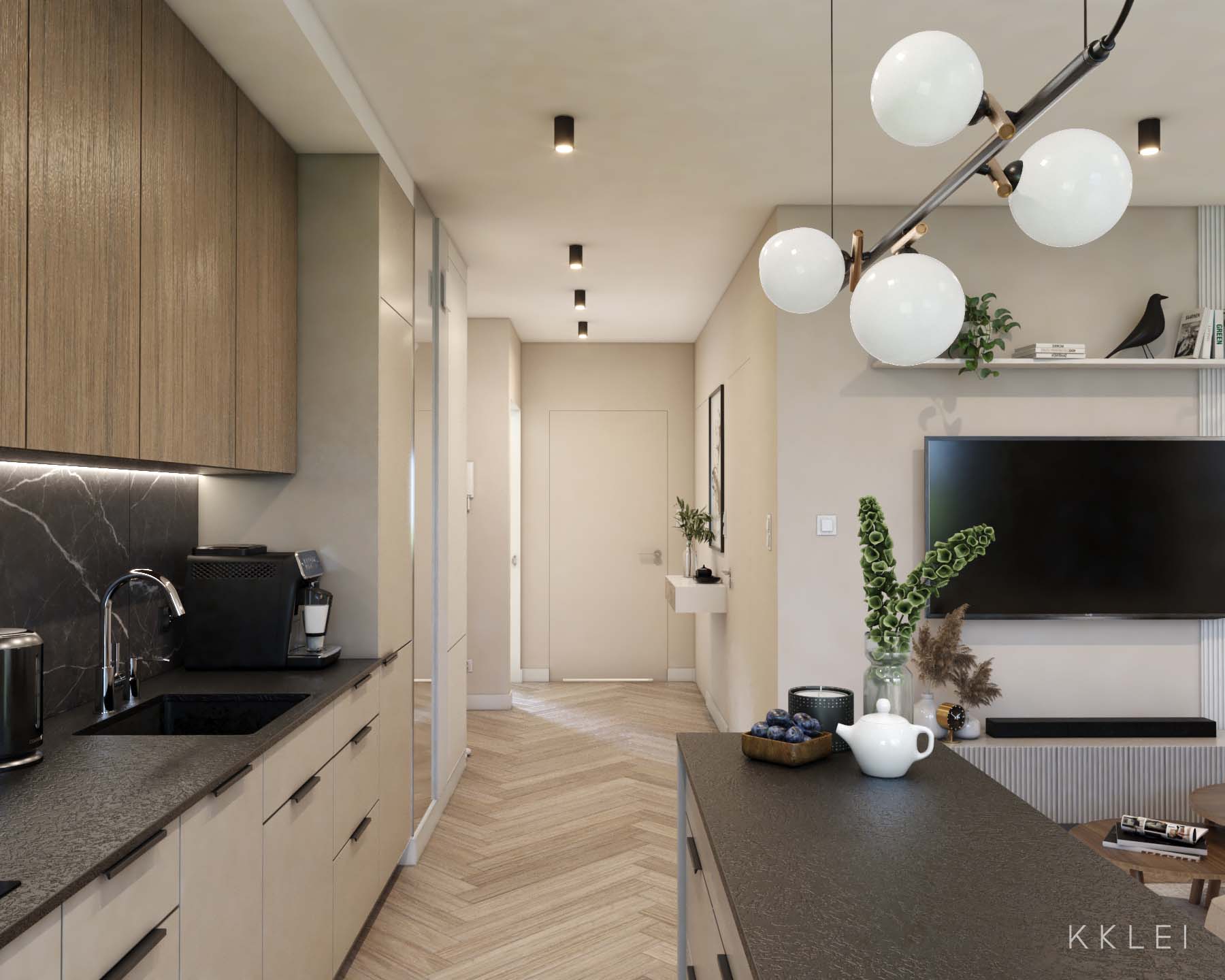 Stylowy apartament z otwartą przestrzenią, jasne kolory i ciemne akcenty