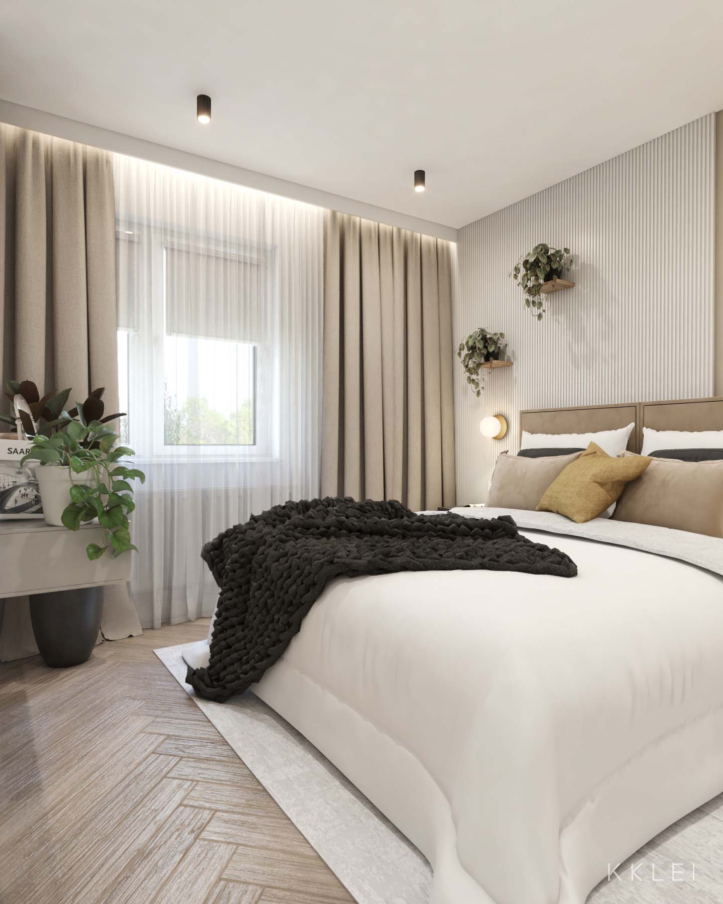 Harmonijne wnętrze apartamentu z salonem i kuchnią w odcieniach beżu i czerni