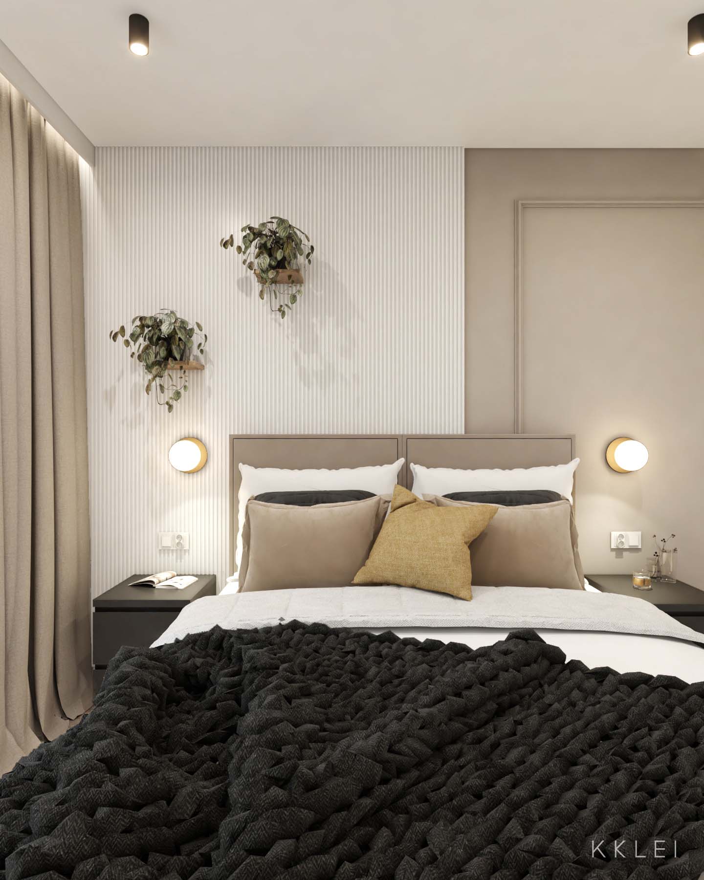 Nowoczesne wnętrze salonu z aneksem kuchennym, beżowa kolorystyka z czarnymi detalami