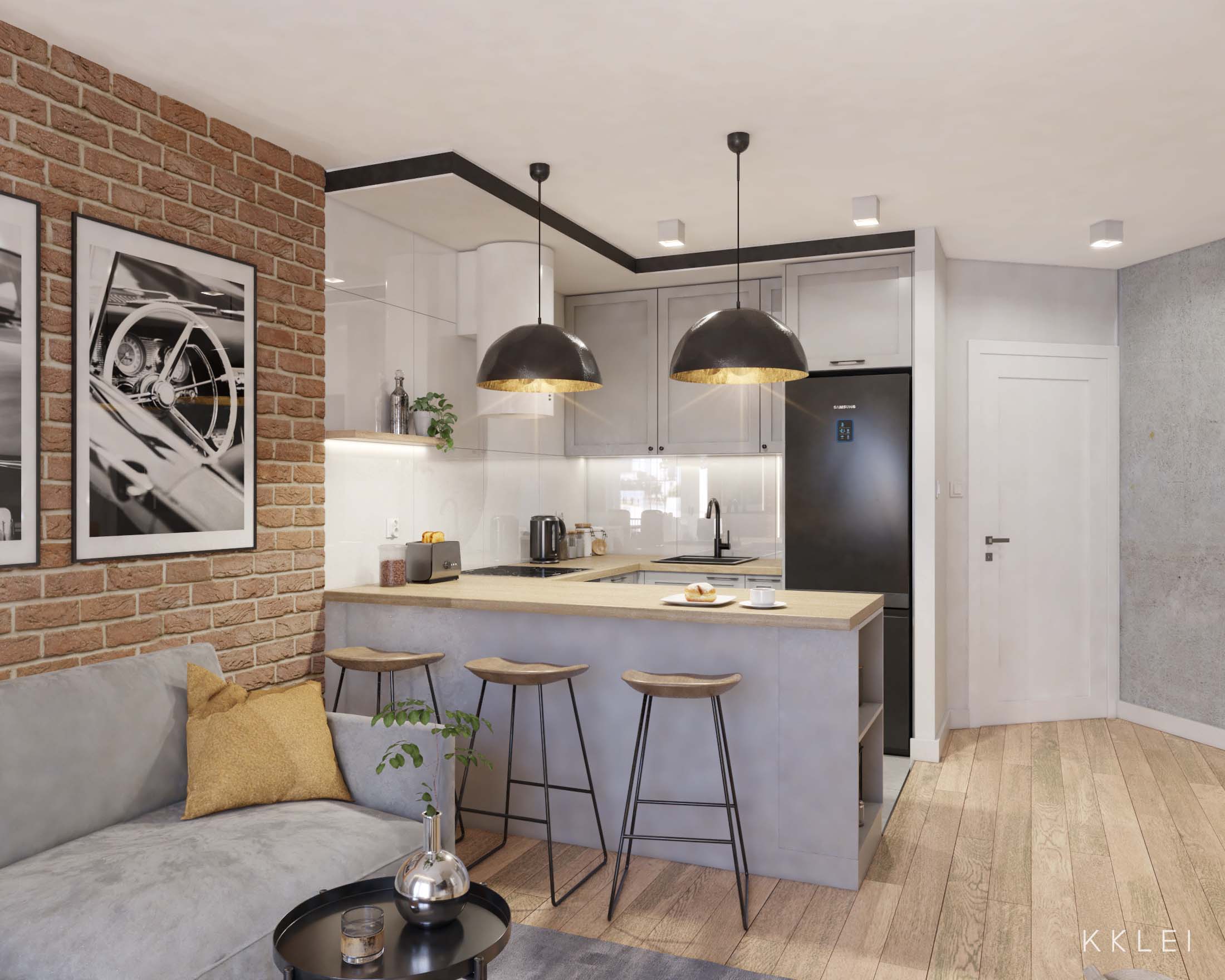 Loftowe mieszkanie z ceglaną ścianą i aneksem kuchennym, nieregularny układ