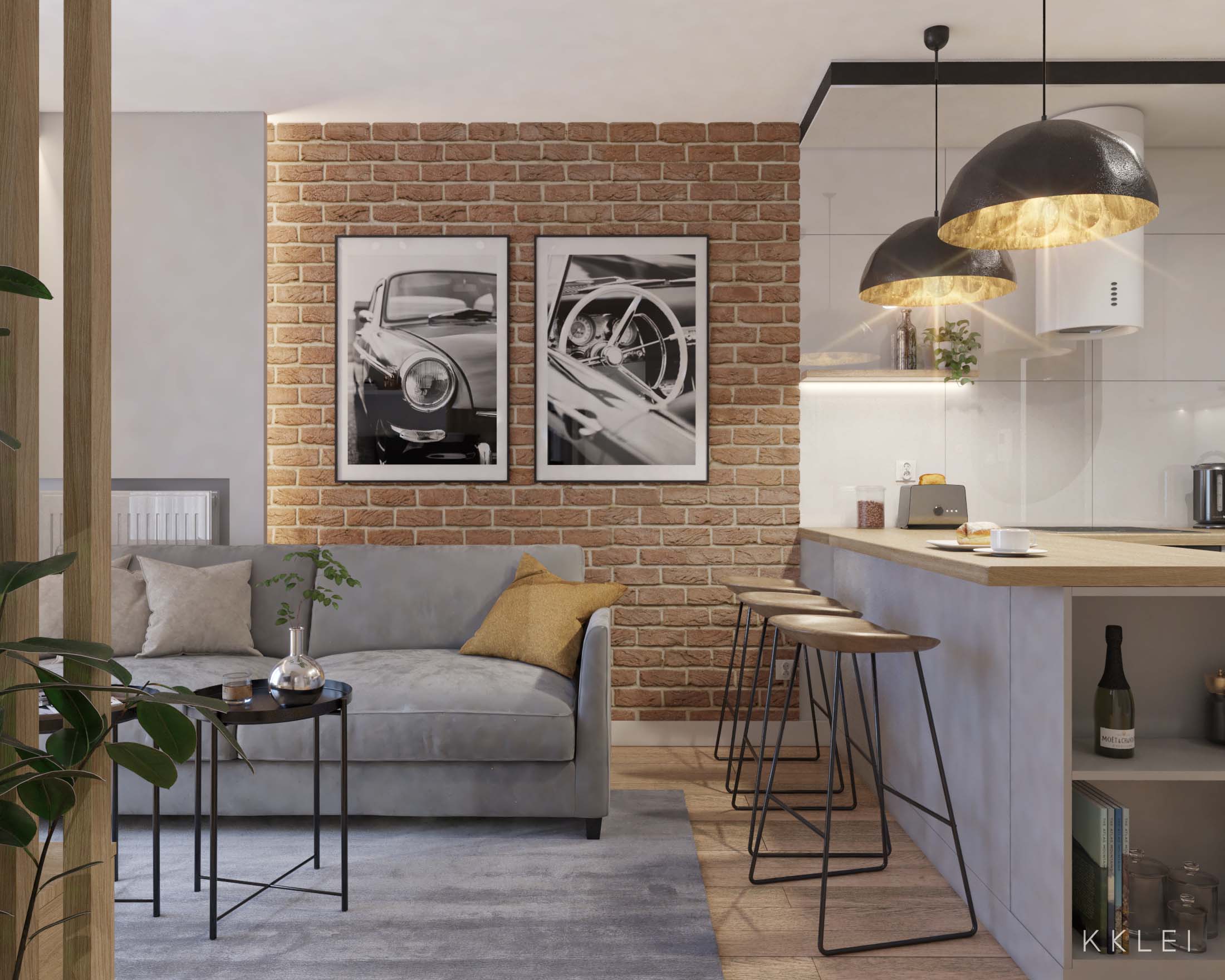 Nowoczesne małe mieszkanie w stylu loft, cegła na ścianie i otwarta kuchnia