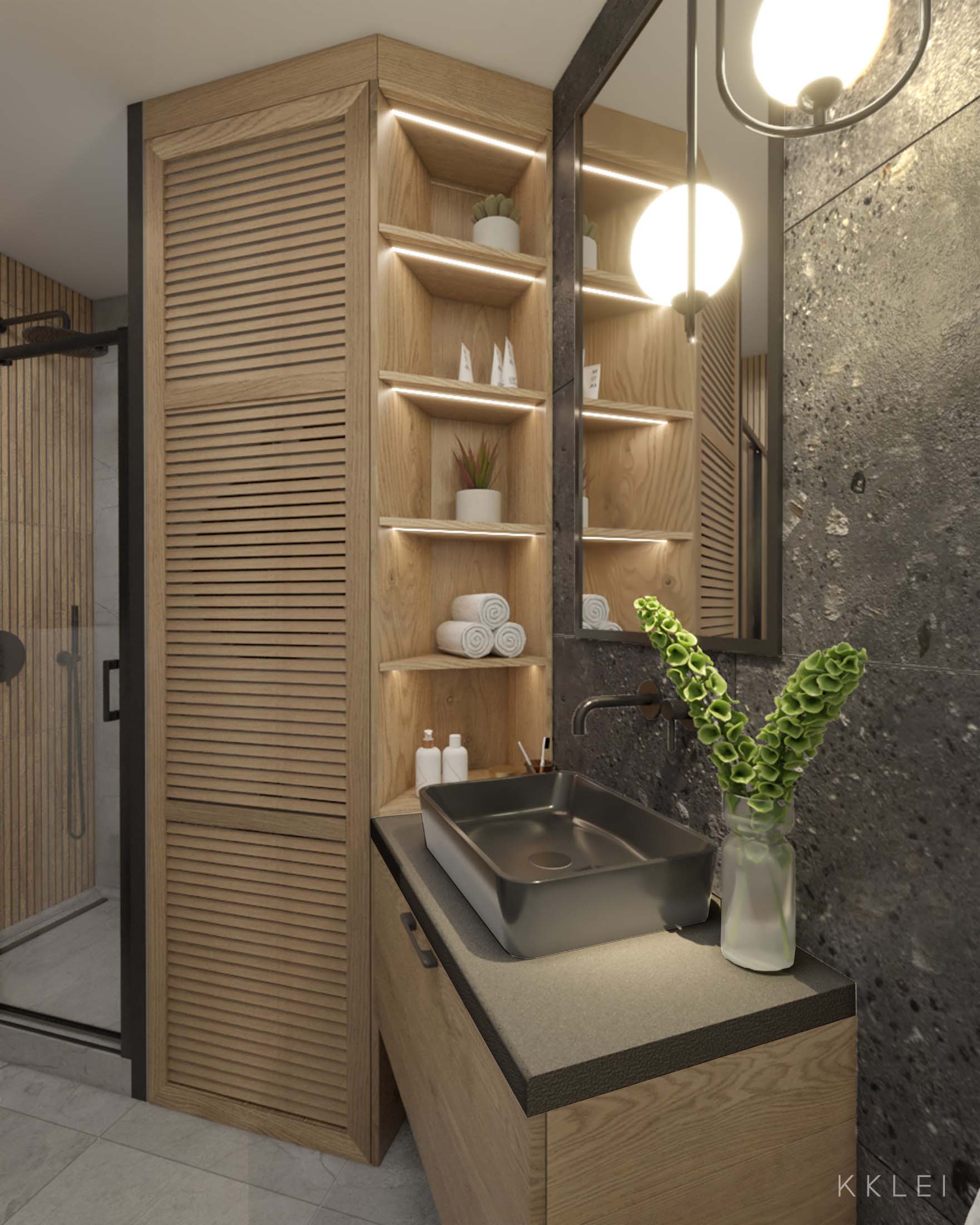 Nowoczesny loft z nieregularnym układem, ceglaną ścianą i kuchnią w aneksie