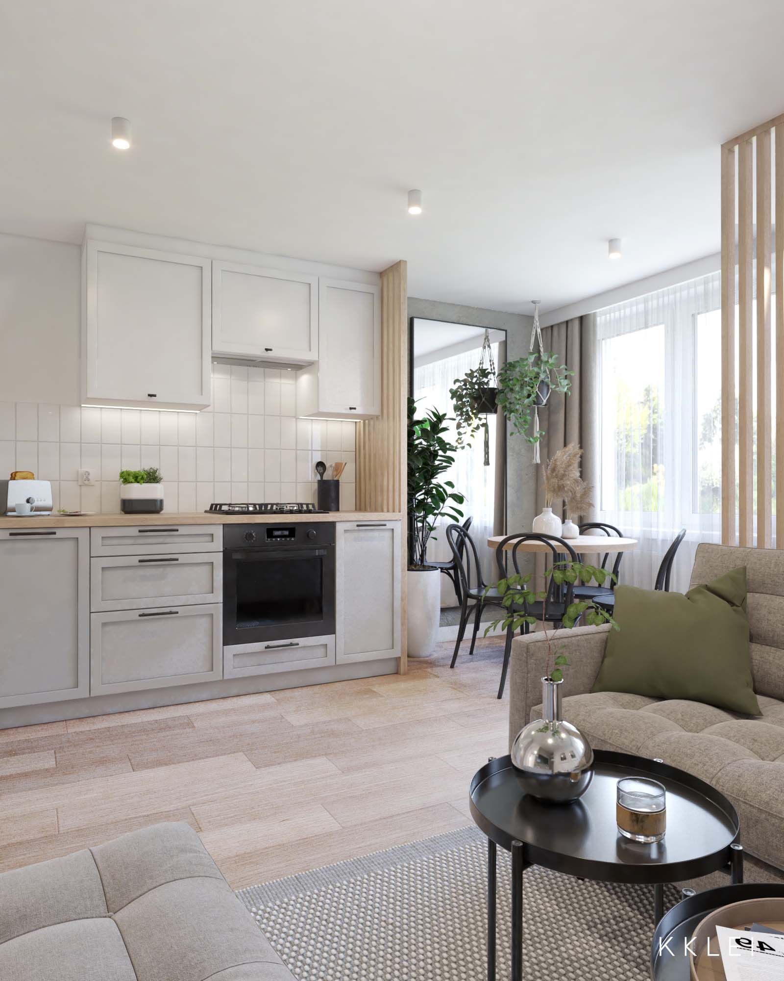 Minimalistyczne mieszkanie z jasnym salonem i przeniesioną kuchnią