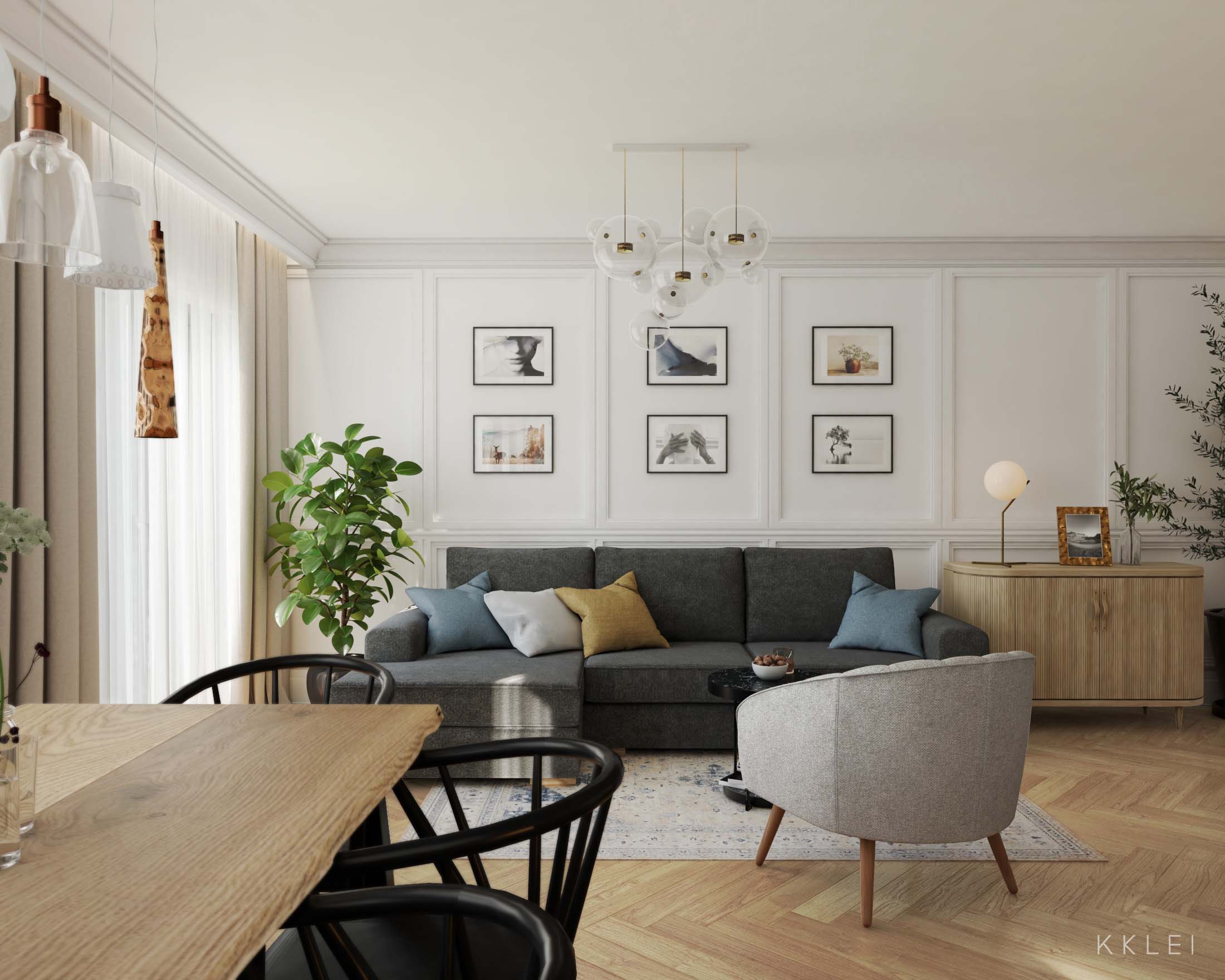 Przytulny salon z kominkiem w stylu paryskim, klasyczne dodatki i eleganckie wykończenie