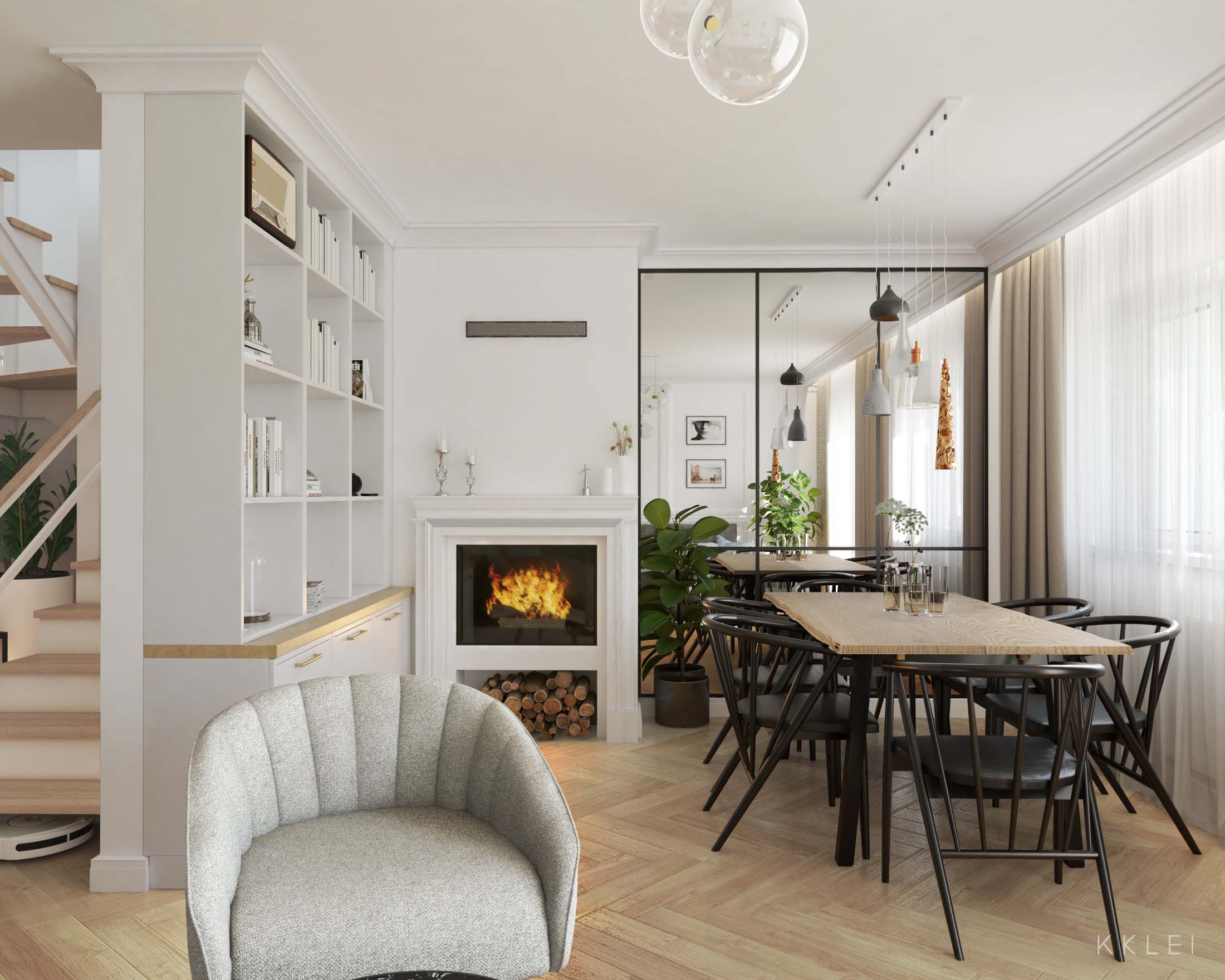 Luksusowy salon w paryskim stylu z kominkiem i eleganckimi dodatkami
